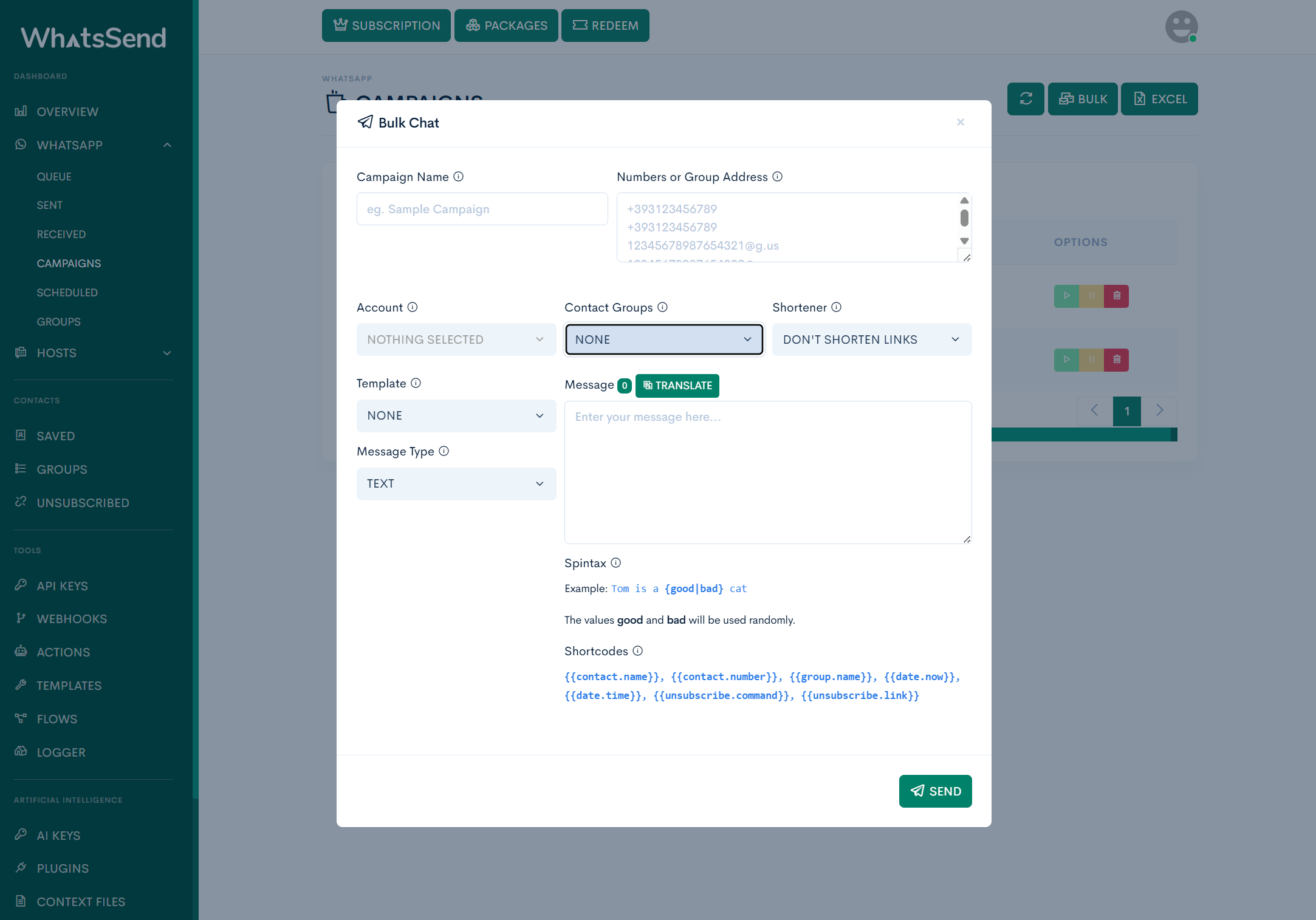 Screenshot: campaigns dashboard and bulk sending